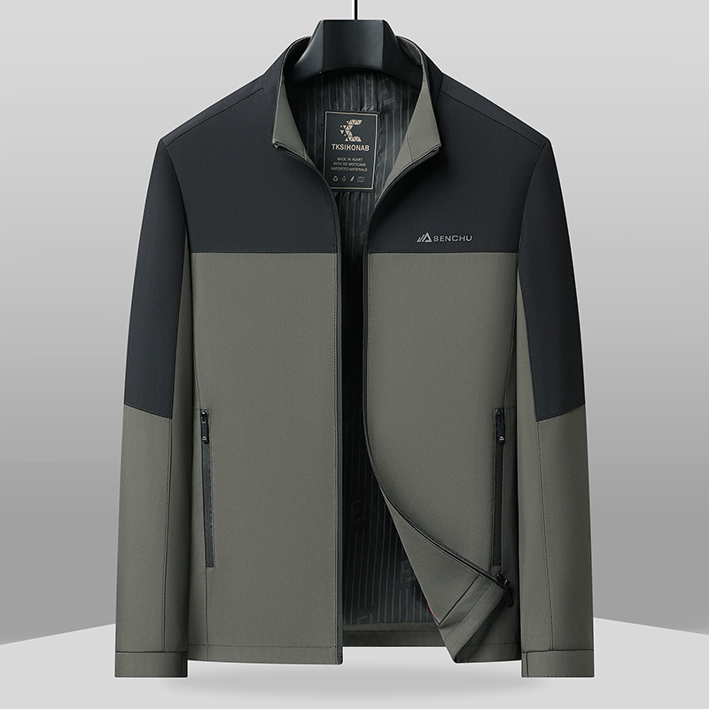 Color-Blocked New Style Middle-Aged and Elderly Men's Stand-Up Collar Zipper Business Casual Jacket for Dad and Grandpa, Autumn Outerwear Men's Clothing