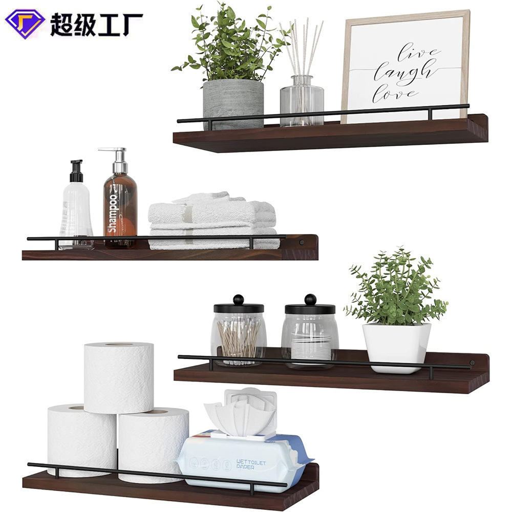 Estante de partición flotante de madera con metal negro barandilla pared estante decorativo baño artículos de tocador rollo de papel rack de almacenamiento