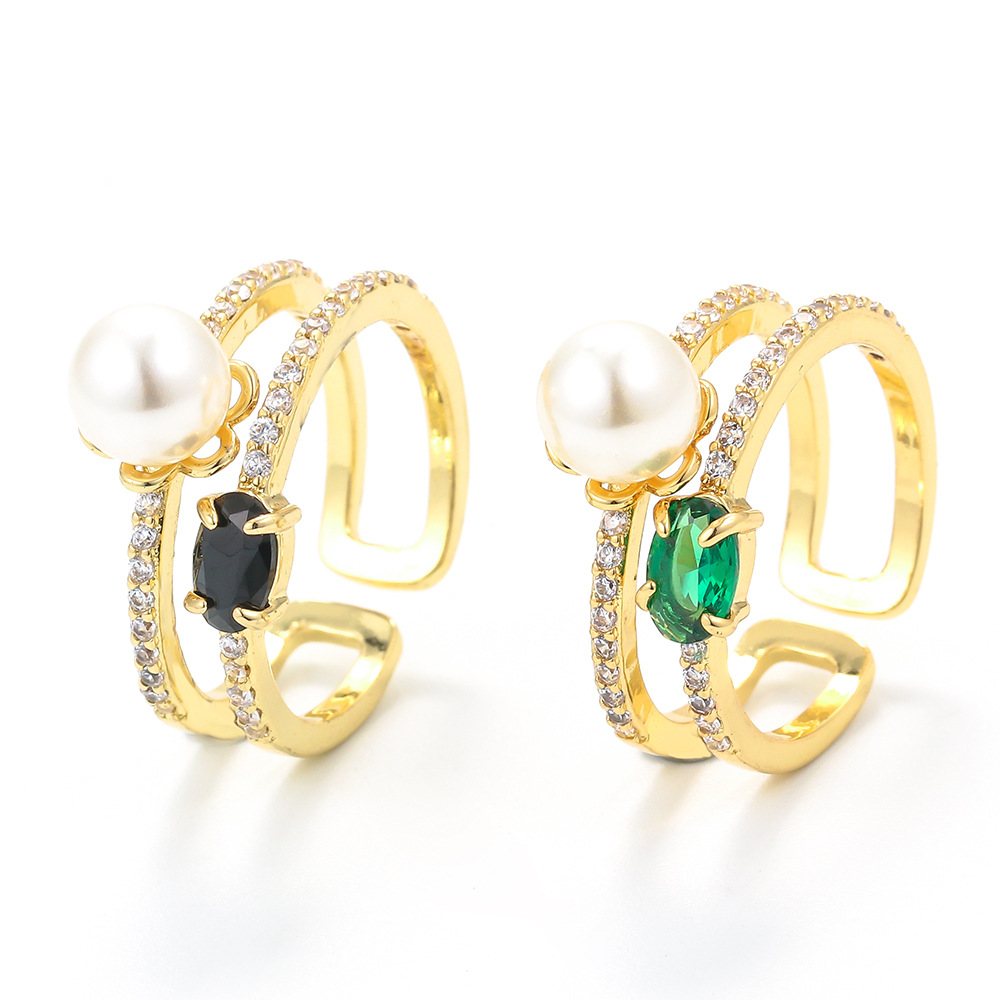3g Weight Zircon Inlay Material Festival Occasion Wholesale Jewelry Copper Micro-inlaid Zircon Pearl Double-layer Opening Ring
