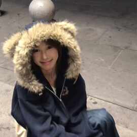 【华棉复合银狐绒】国潮牌藏青色小熊耳朵毛领卫衣女秋冬2025新款