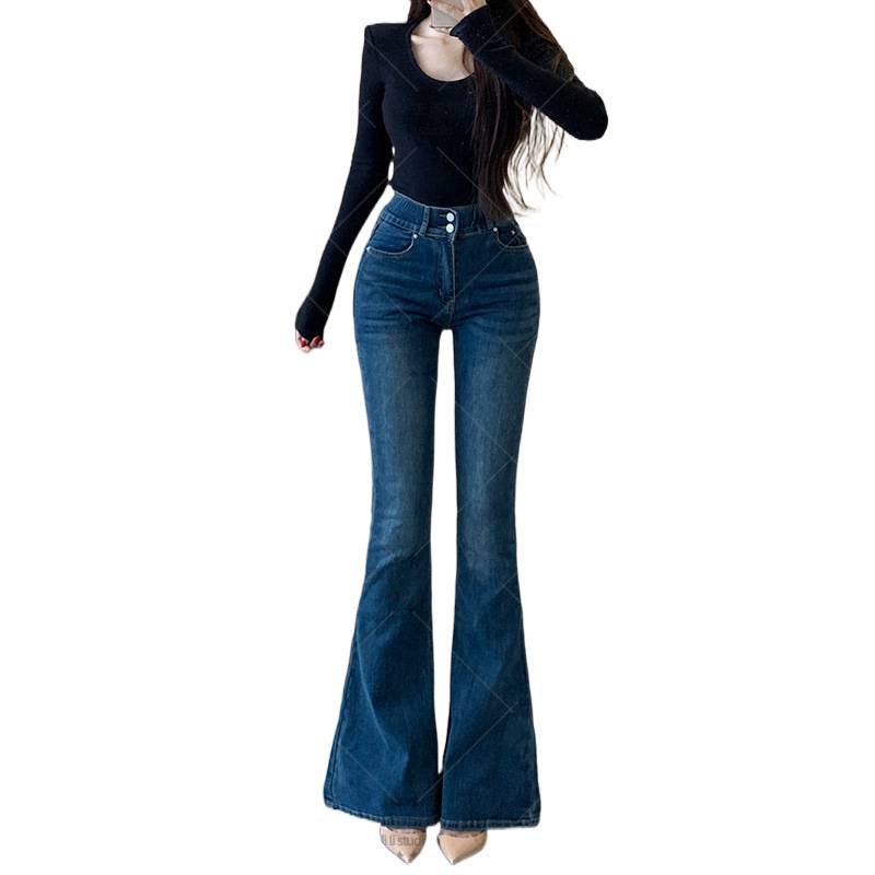 深色高腰双扣丰胯提臀微喇牛仔裤女2025秋季新款弹力显瘦喇叭长裤|undefined