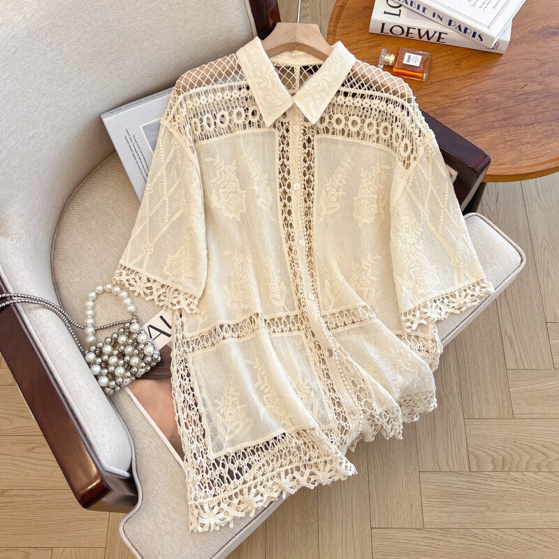 French Lace Crochet Cut Out Right Shoulder Short-Sleeved Shirt for Women 2025 Large Size Fat mm Bohemian Style Top