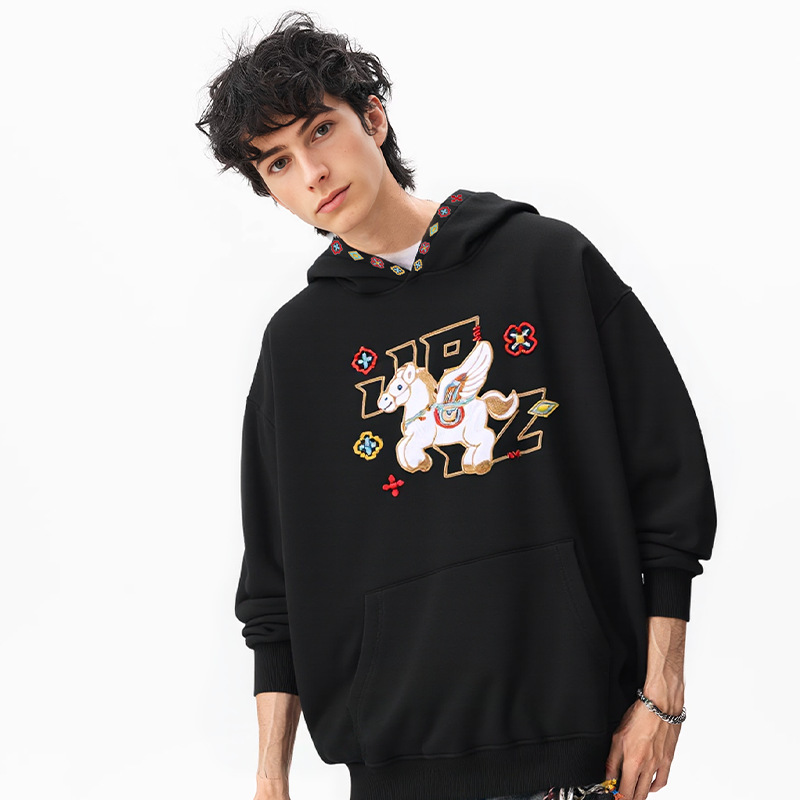 Chinese Style Cartoon Unicorn Embroidered Distinctive Loose-Brimmed Couple Hoodie with Heavy Embroidery Letters Casual Hooded Sweatshirt