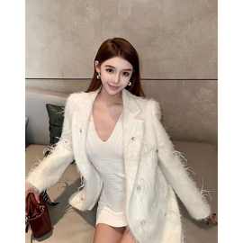 感仿水貂毛钉钻西装外套女2024冬季气质名媛小香风加厚大衣