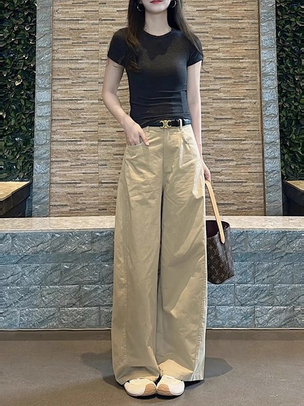 美式复古卡其色休闲裤女夏季新款宽松显瘦高腰直筒阔腿拖地长裤子|undefined