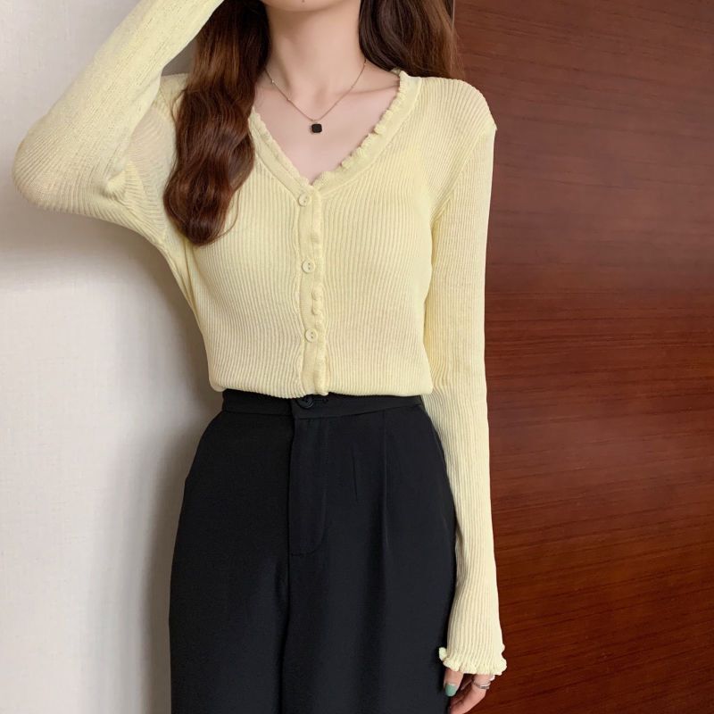 Women's Sweater Thin Gentle V-Neck Summer T-Shirt Long Sleeve