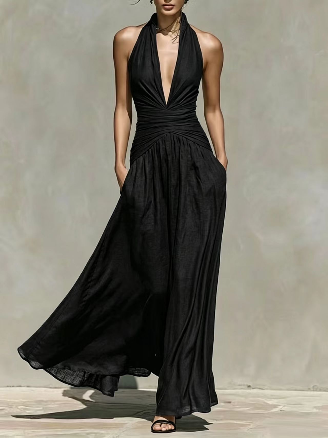 Comercio exterior exclusivo para Europa y América sexy cuello profundo vestido de cuello en V cintura delgada vestido de vacaciones largo sin mangas