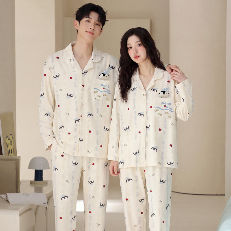 White couple pajamas, pure cotton, long-sleeved, long-pants set, plus size, cardigan style, with a lapel collar, for men and women, suitable for spring and autumn, with a cartoon design White couple pajamas, pure cotton, long-sleeved, long-pants set, plus size, cardigan style, with a lapel collar, for men and women, suitable for spring and autumn, with a cartoon design