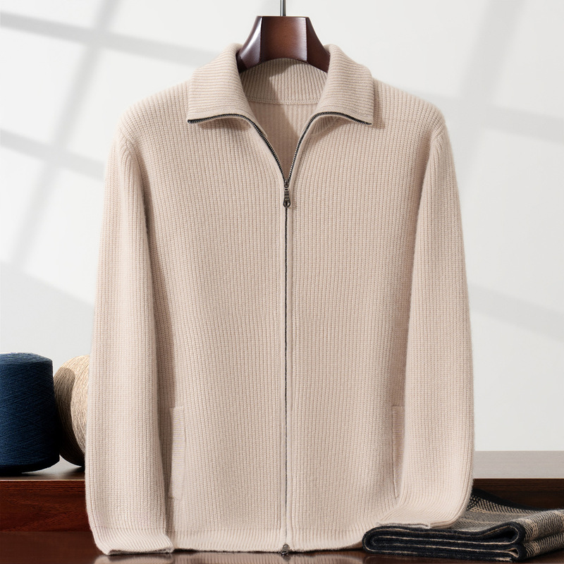 Autumn and Winter Cashmere Zipper Jacket Men's Lapel Ingot Needle Seven-Needle Double-Strand Thickeneded Knitted Cardigan Fashionable Casual Sweater