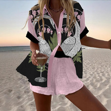 欧美夏季新款女装时尚印花休闲度假风开衫短裤套装POD一件定 制