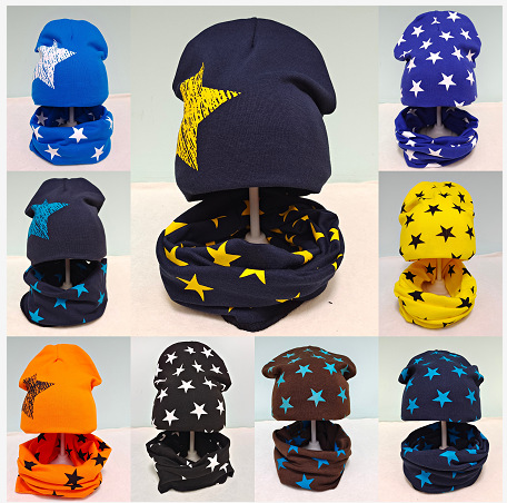 亚马逊婴儿帽子围巾套装 秋冬儿童保暖针织帽 星星套头婴儿胎帽