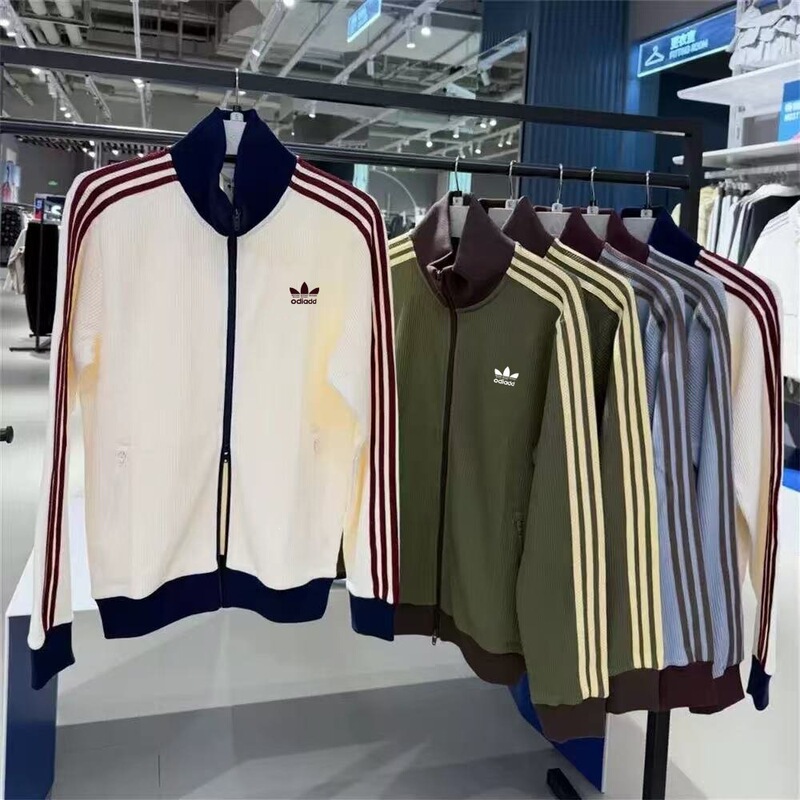 Cross-border cloverleaf classic striped jacket for men and women, waffle stripe stand-up collar embroidered casual cardigan top Cross-border cloverleaf classic striped jacket for men and women, waffle stripe stand-up collar embroidered casual cardigan top