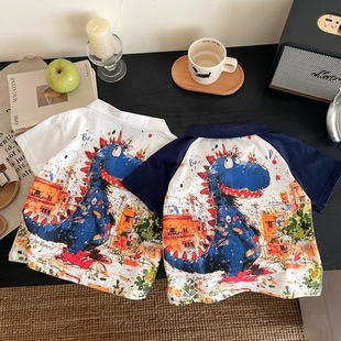 Boys' Pure Cotton Short-Sleeved T-Shirt Polo Shirt Summer Cartoon Full-Print Dinosaur Kidsren's Baby Handsome Top Lapel