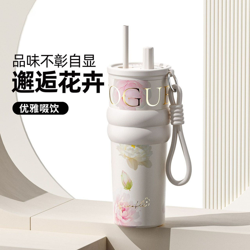 新款繁花极光保温杯陶瓷覆层内胆女高颜值2025大容量新款吸管杯|undefined