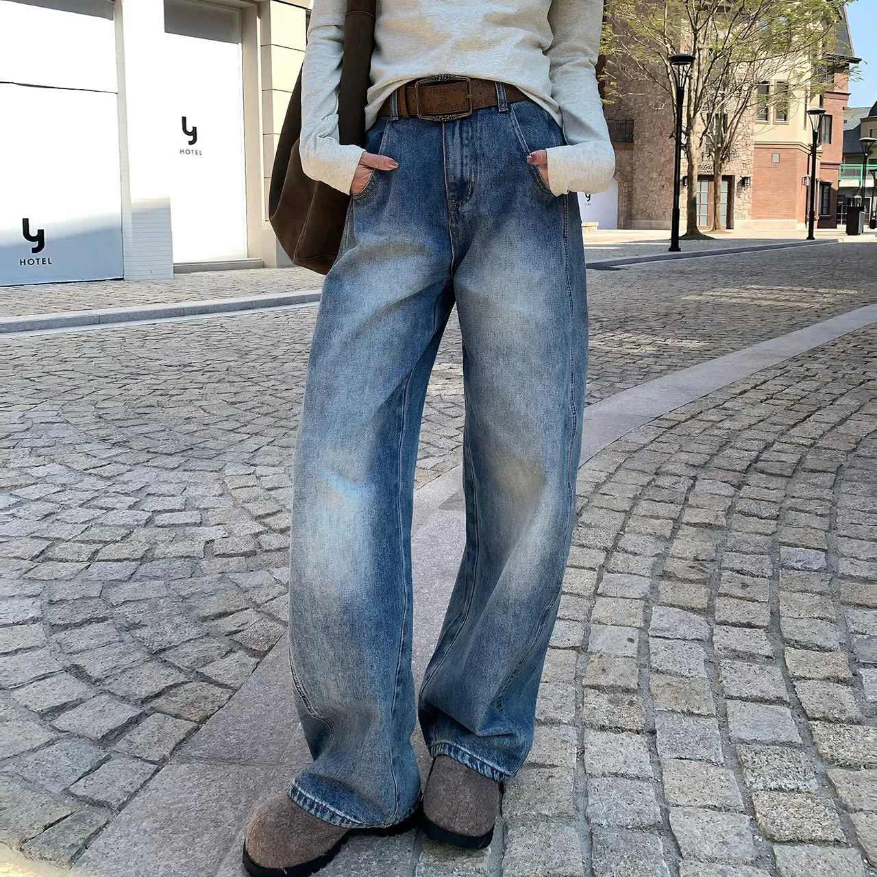 Весенняя корейская версия тонких швабры брюки с высокой талией и широкими ножками женские джинсы прямые широкие ножки тонкие светло-голубые дикие другие