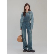 蓝色铜扣背带牛仔裤女春秋冬2025新款宽松复古显瘦直筒休闲长裤子