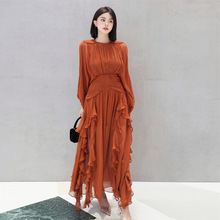 澳洲潮牌高品质2025夏装时尚女新款仿真丝长袖荷叶边褶皱休闲长裙