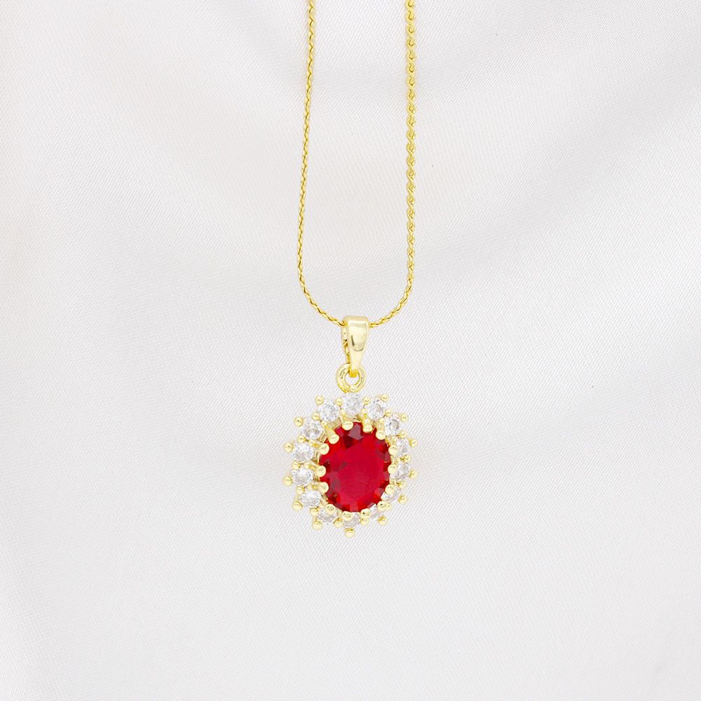 Lady Oval Stainless Steel Inlay Artificial Gemstones Zircon Pendant Necklace 1 Piece