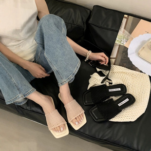 Sheepskin Edition ~ Korean Style Mesh Square Toe Open Toe Sandals Women's Summer 2025 New Style Flat Sandals for Outer Wear