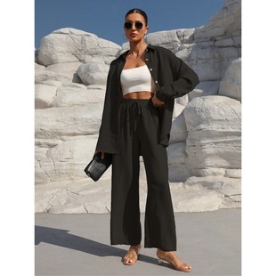 Temuwish2025 European and American Cross-Border Loose Two-Piece Wide-Leg Pants Casual Suit Wholesale Apricot Color