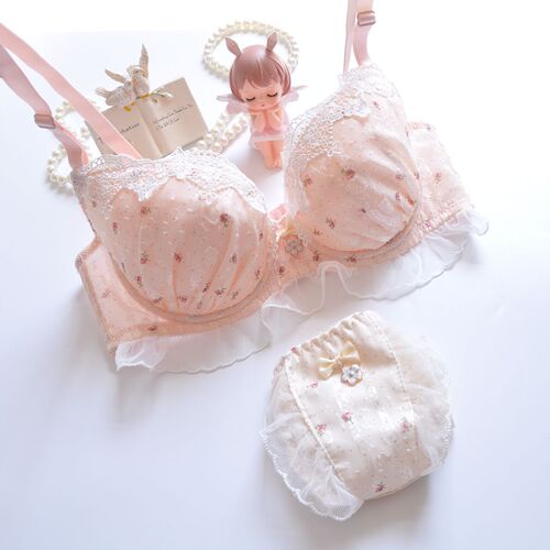 Long-term Japanese chiffon two-color embroidery thin cup student girl cute push-up sexy underwear bra set