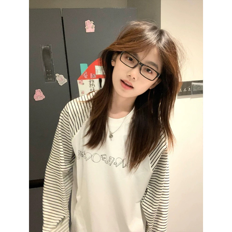 美式复古插肩长袖t恤女早秋穿搭拼接条纹打底衫宽松学院风上衣潮|undefined