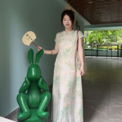 【ワンピースコレクション】中国風綿シルク人造綿甘い花柄ミディ丈フレンチスタイルレディースアートレトロ