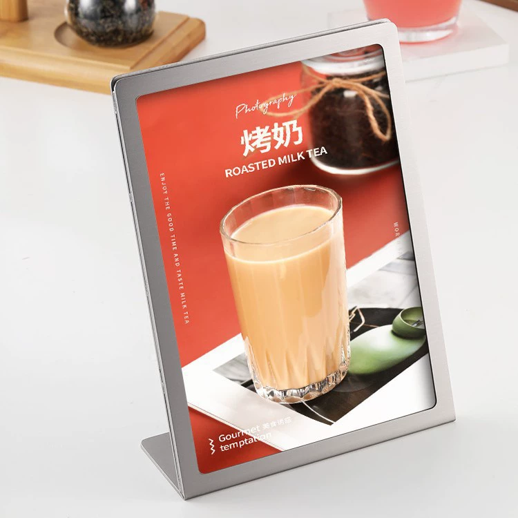 Прайс-лист стойки для меню из нержавеющей стали Рекламный щит Настольный вертикальный L-образный толстый кофе Магазин чая с молоком Специальный