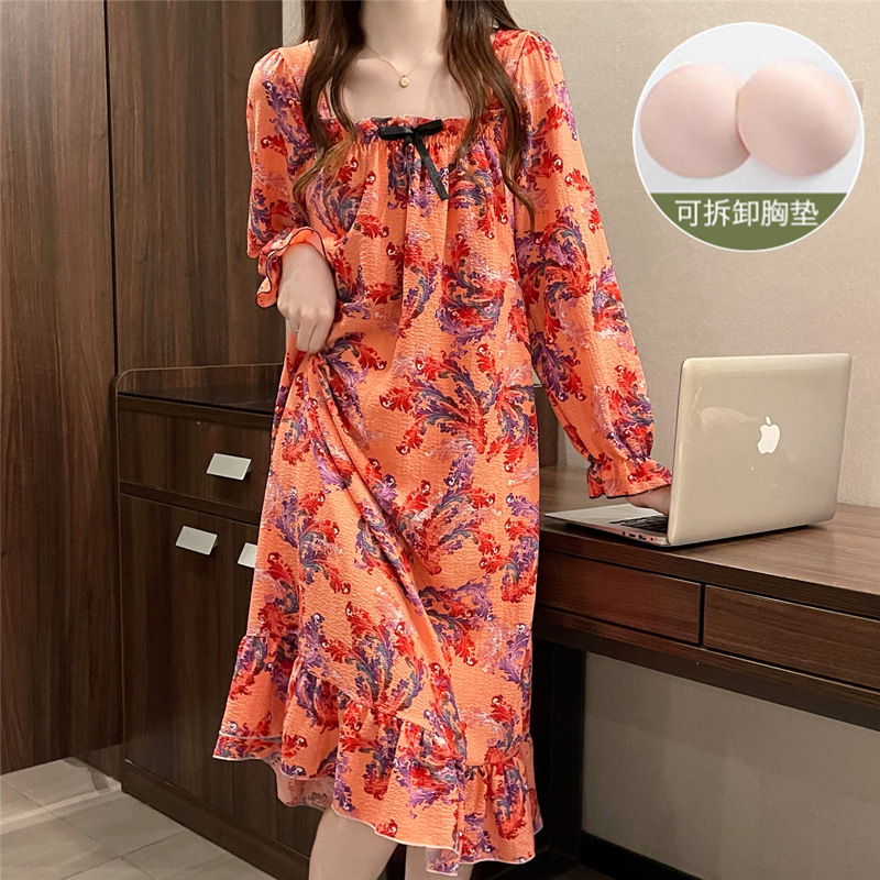Primavera y otoño con cojín de pecho pijama de mangas largas temperamento femenino flor de algodón tejido burbuja tela arrugada pijama vestido largo