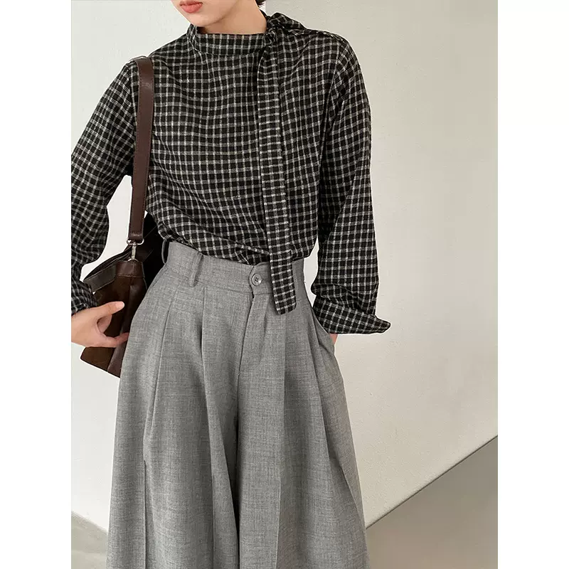 江左 知识分子 磨毛领结格子衬衫女秋系带设计感气质长袖上衣1695