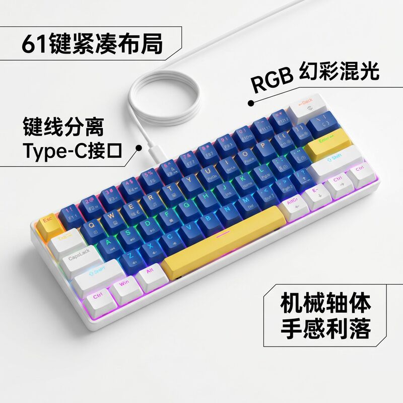 Spanish K61 Mechanical Keyboard with Blue Switches, Red Switches, Brown Switches, Black Switches, Detachable Cable, Rgb Lighting, Gaming