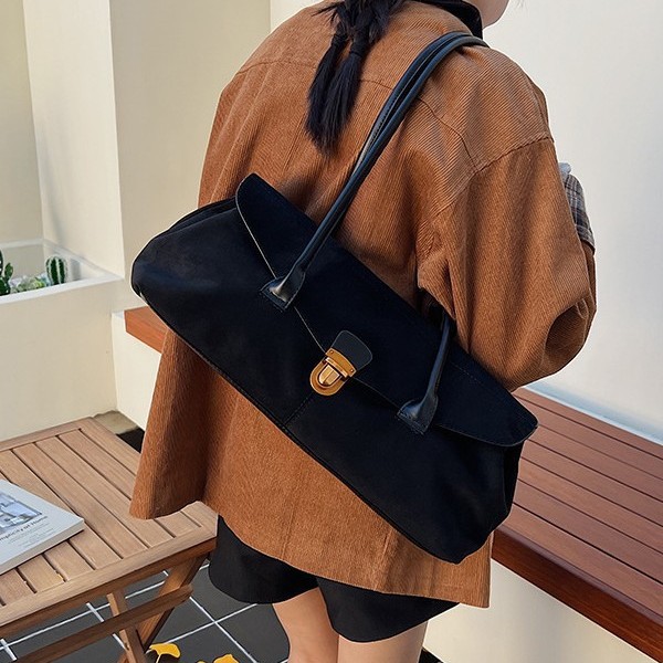 Women's Shoulder Bag High-Quality Suede Patchwork Underarm Baguette Bag Fashion Large Capacity Commuter Bag - Thumbnail 3