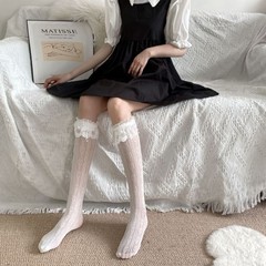 Black lace Lolita knee-high stockings with lace trim and openwork, suitable for summer women, cross-border shipping.