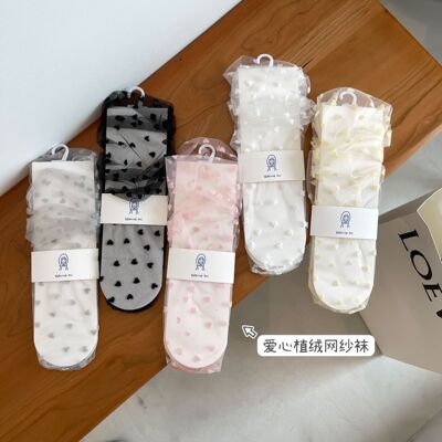 2021春夏新款立体爱心植绒网纱袜薄款堆堆袜女可爱透明蕾丝仙女袜