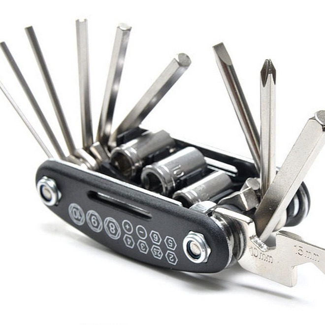 Herramienta de combinación de reparación de bicicletas 16 en un juego de destornillador multifunción plegable llave de reparación de neumáticos de coche manga