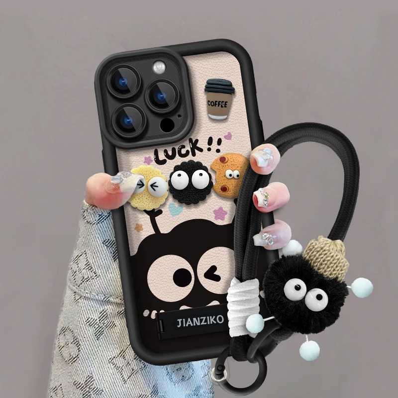 Coffee Coal Ball Stereo Doll for Apple 16promax Mobile Phone Case iPhone15 Lanyard Cartoon Cute Women