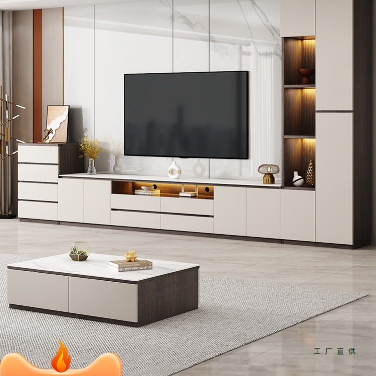 Slate Floor-Standing Tv Cabinet Storage Cabinet Integrated Coffee Table Combination Light Luxury Modern Small Apartment Living Room Home Background Wall
