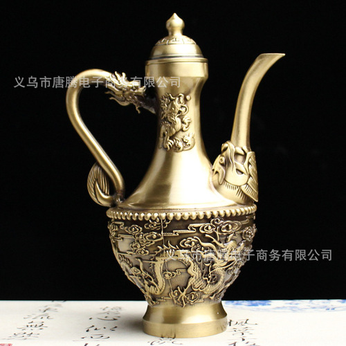 Brass dragon and phoenix wine pot home tabletop copper crafts ornaments pure copper double phoenix wine pot banquet wedding small copperware