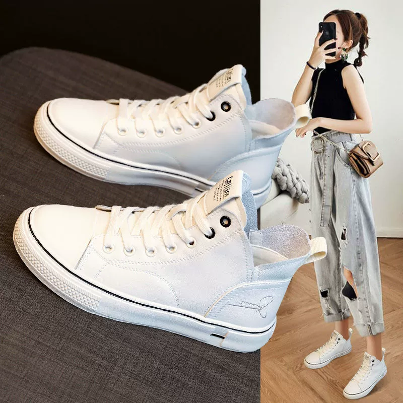 Женские высокие кроссовки из натуральной кожи, белые, новинка 2025 года, весна-осень, в корейском стиле, дышащие, на плоской подошве, модные, износостойкие, нескользящие