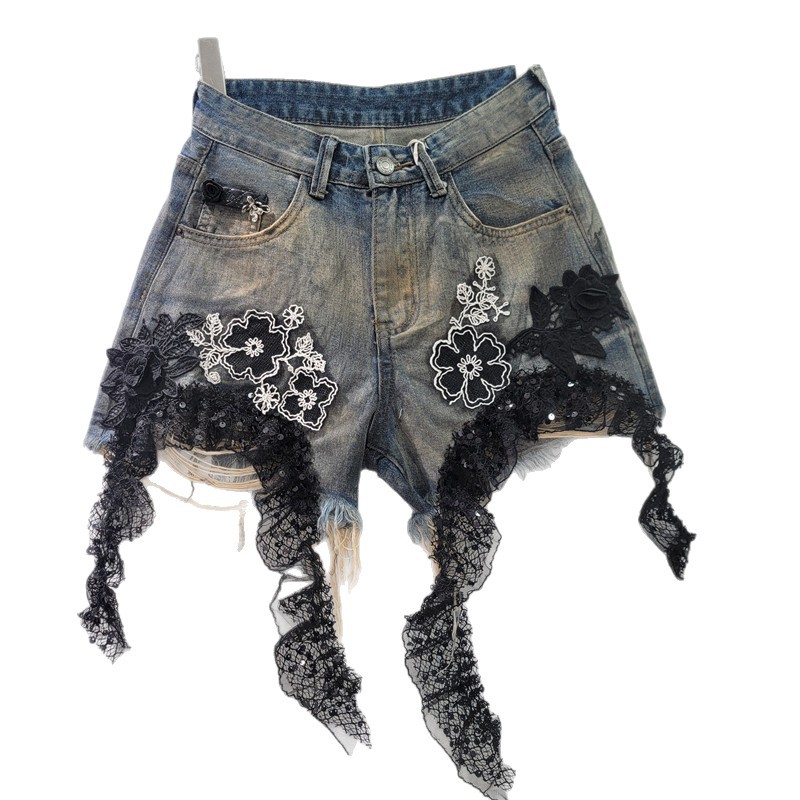 Pantalones Cortos de Mezclilla con Encaje e Impresión de Talle Alto Línea A para Verano