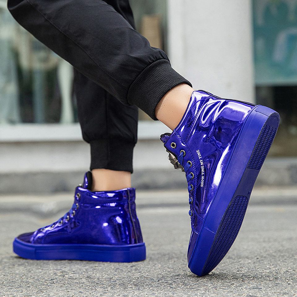 Giày sneaker nam cổ cao da bóng phong cách Hàn Quốc, giày thể thao thời trang cá tính — Bạc, màu xanh, màu đen, màu đỏ chi tiết 5