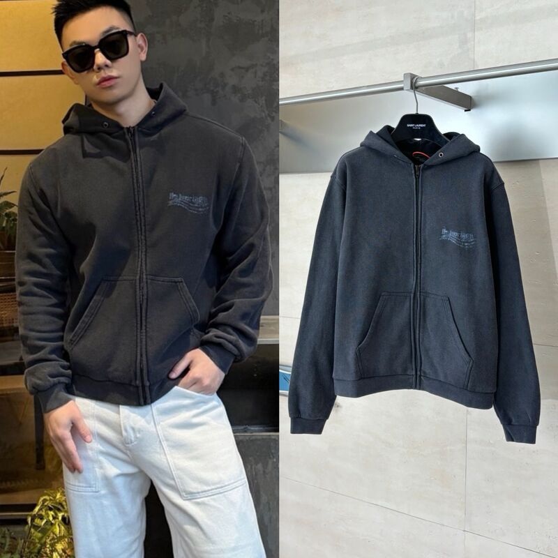 High-Quality In-Stock Paris B Brand Sweatshirt Ss26 New Model with Fuzzy Print and Washed Zipper Jacket for Men and Women Trendy Brand