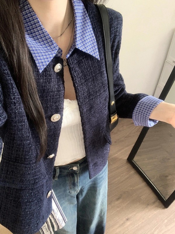 温柔蓝色小香风气质假两件开衫外套女2025秋冬款绝美显瘦短款上衣|undefined