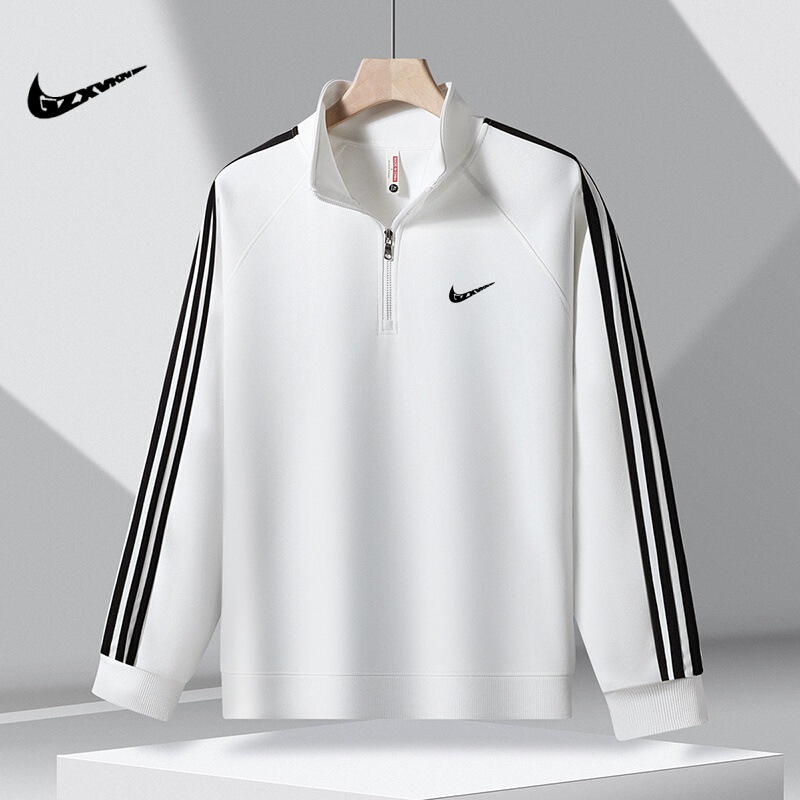 Autumn New Three-Stripe Cotton Half-Zip Sweatshirt for Men, Half-High Collar Trendy Brand Casual Stand-Up Collar Pullover Sweatshirt for Men