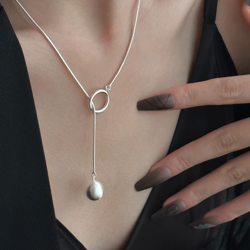 Round Ball Choker Silver Brushed Long Necklace Ins Non-Fading Pendant French High-End Elegant Light Luxury Sweater Chain_voghion.com