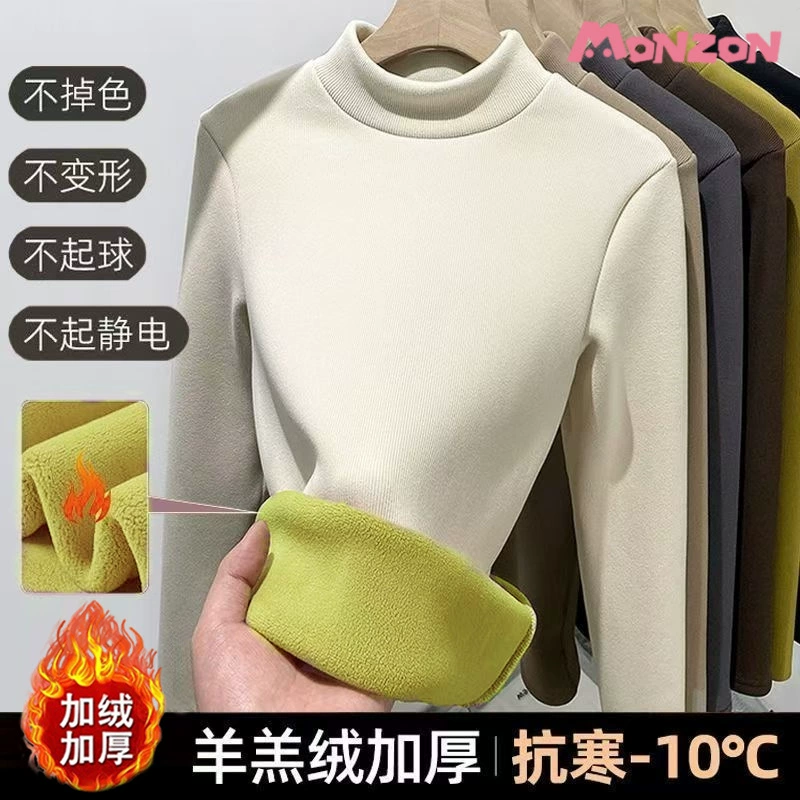 Плюшевая толстая нижняя рубашка женская осень-зима новый полувысокий воротник кашемир ягненка теплая футболка с длинными рукавами
