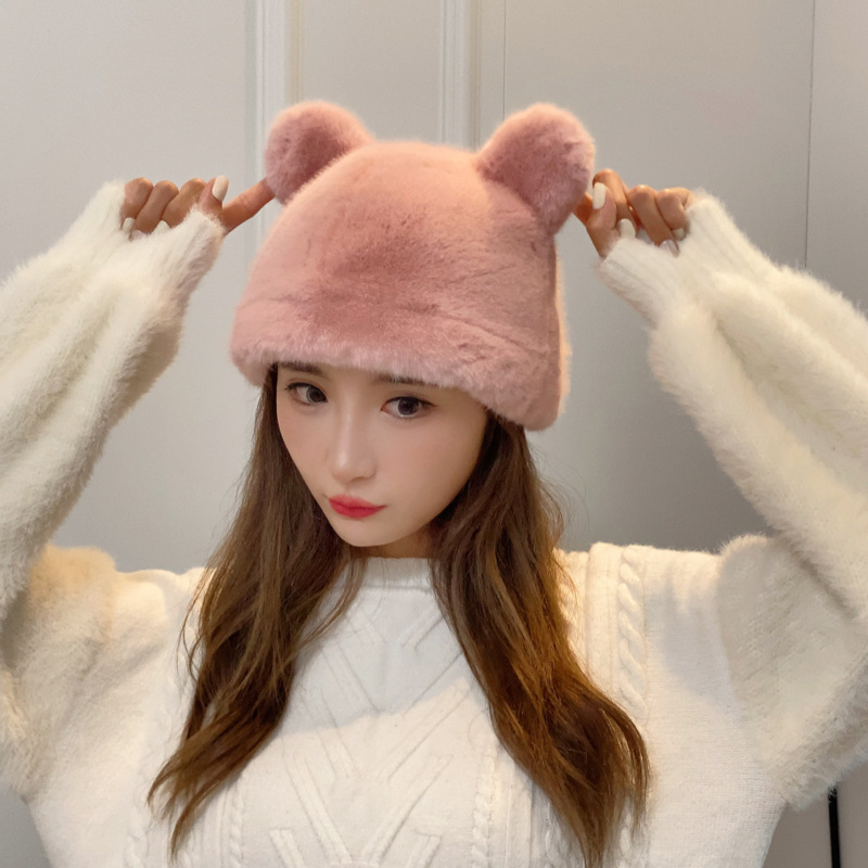 帽子女2023新款网红时尚女士皮草帽子毛绒小熊耳朵仿水貂毛绒帽子