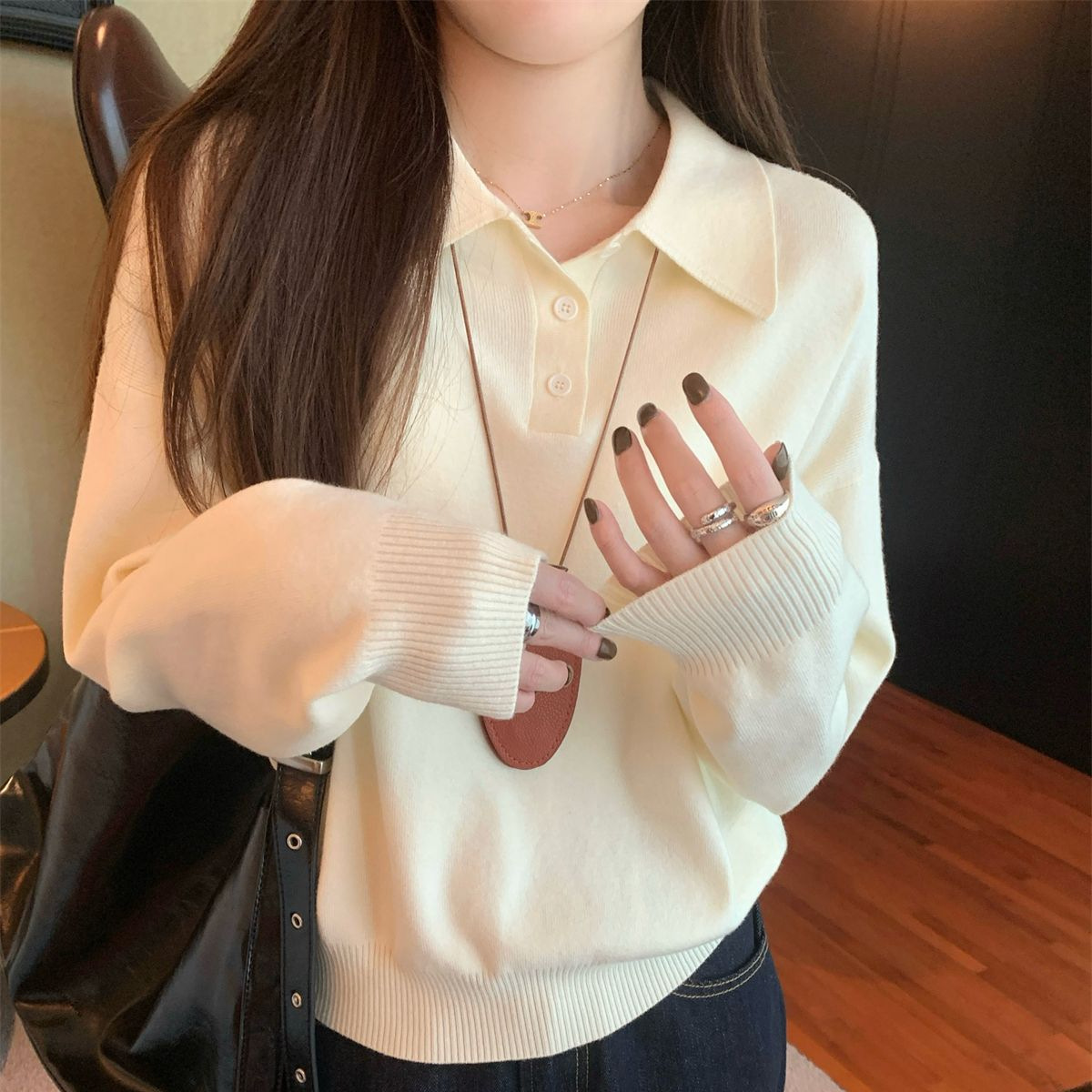 韩系polo领松弛感针织毛衣女2025春季简约慵懒打底衫宽松内搭上衣