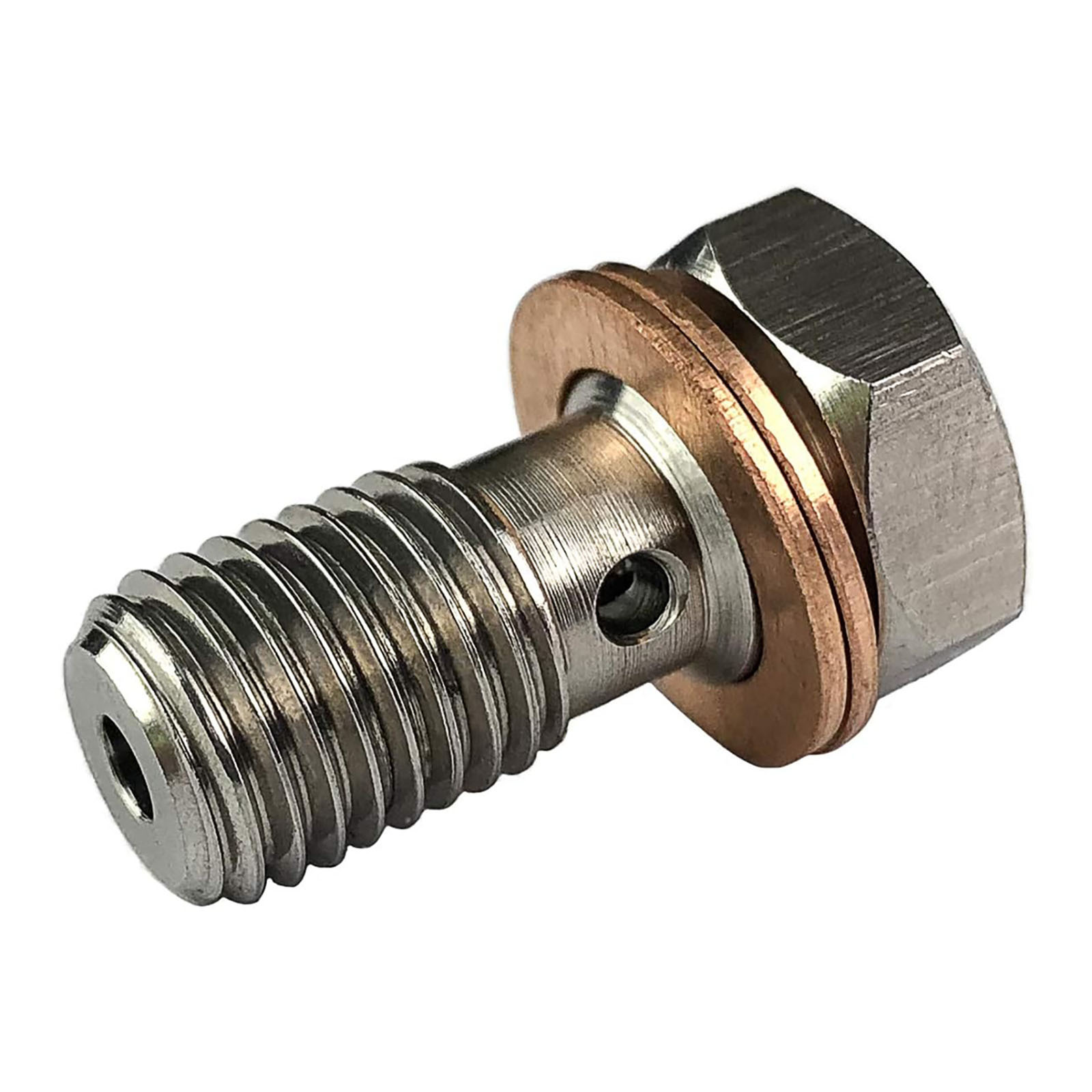 Stainless steel banjo bolt brake line connector with copper washer suitable for car calipers and clutches