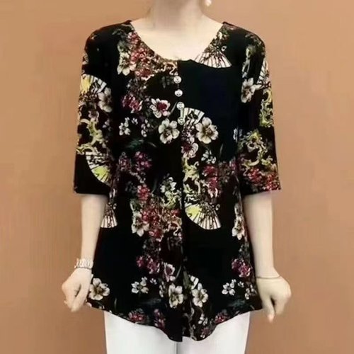 2025 Spring Summer Kun Mom Printed Women's Top Loose Matchy Matchy Middle-Aged Base Shirt Top